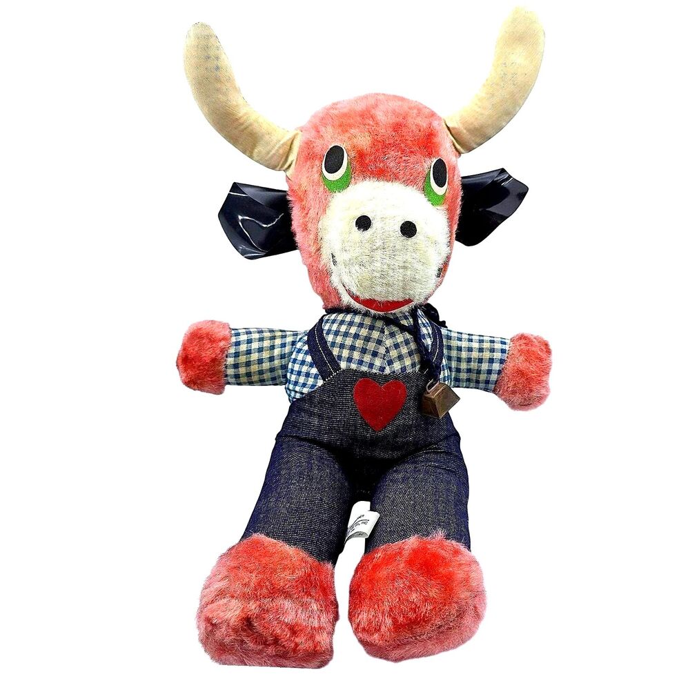 VTG 1970s Dan Brechner Pink Bull Plush 19" Denim Overalls Carnival Prize Korea